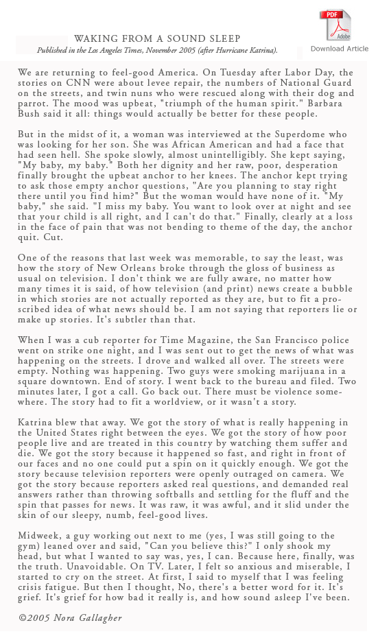 Article: Waking From A Sound Sleep by Nora Gallagher